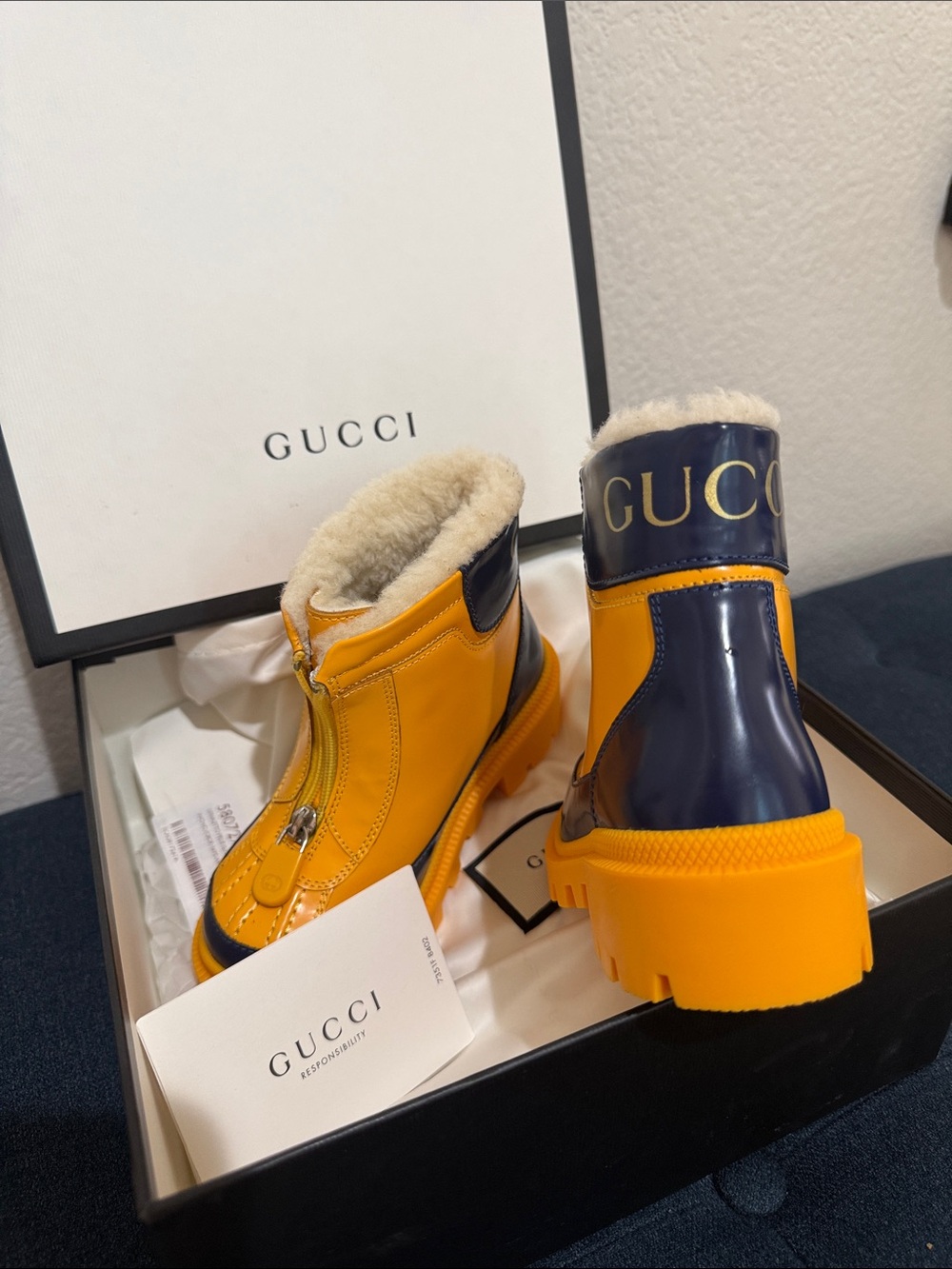 Gucci Yellow and Navy Patent Shearling-Lined Zip Ankle Boots